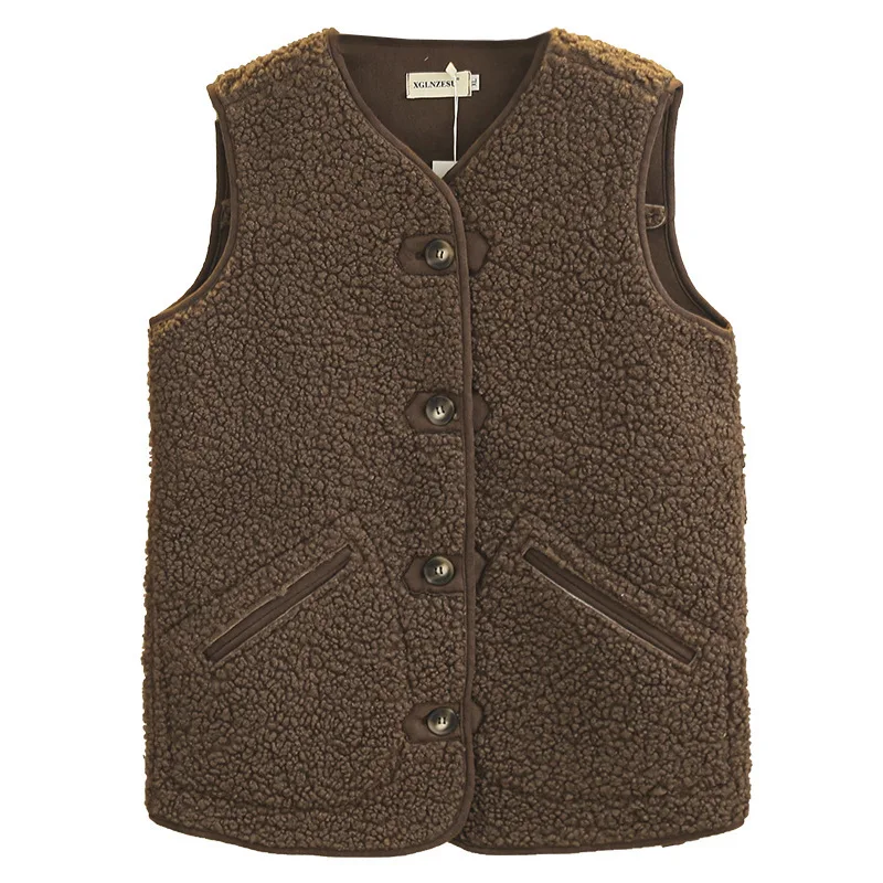 Plus Size Women Sleeveless Vest Winter Loose Thick Fleece Waistcoat Simple Plush Coat 3069