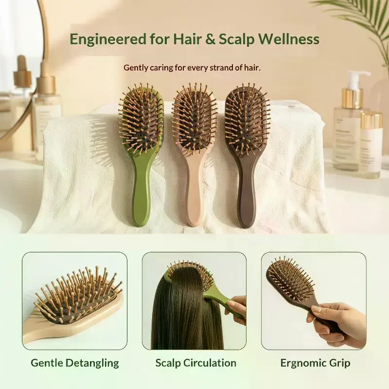 Natural Bamboo Hair Brush With Scalp Massage Bristles Gentle Detangling For Daily Hair Care Home Travel