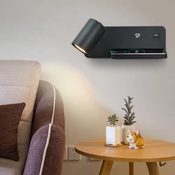 Luz LED de pared para lectura Interior, lámpara de pared para teléfono móvil, carga inalámbrica y carga USB, lámparas de mesita de noche para dormitorio