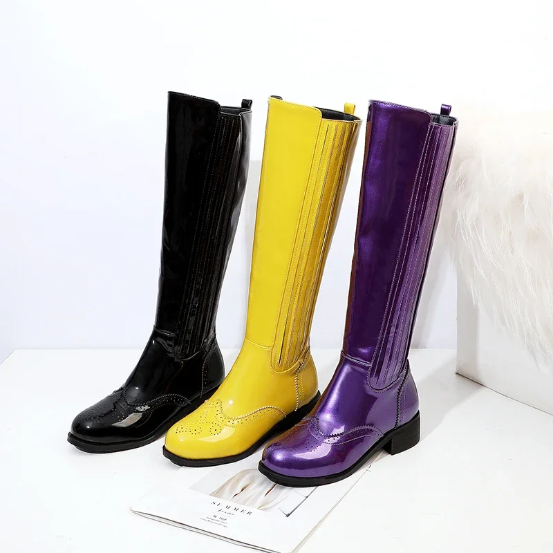 2024 New Winter Patent Leather Women Boots Warm Plush Knee-high Zipper Boots Riding Woman Boots Shoes Purple Black Platform Boot