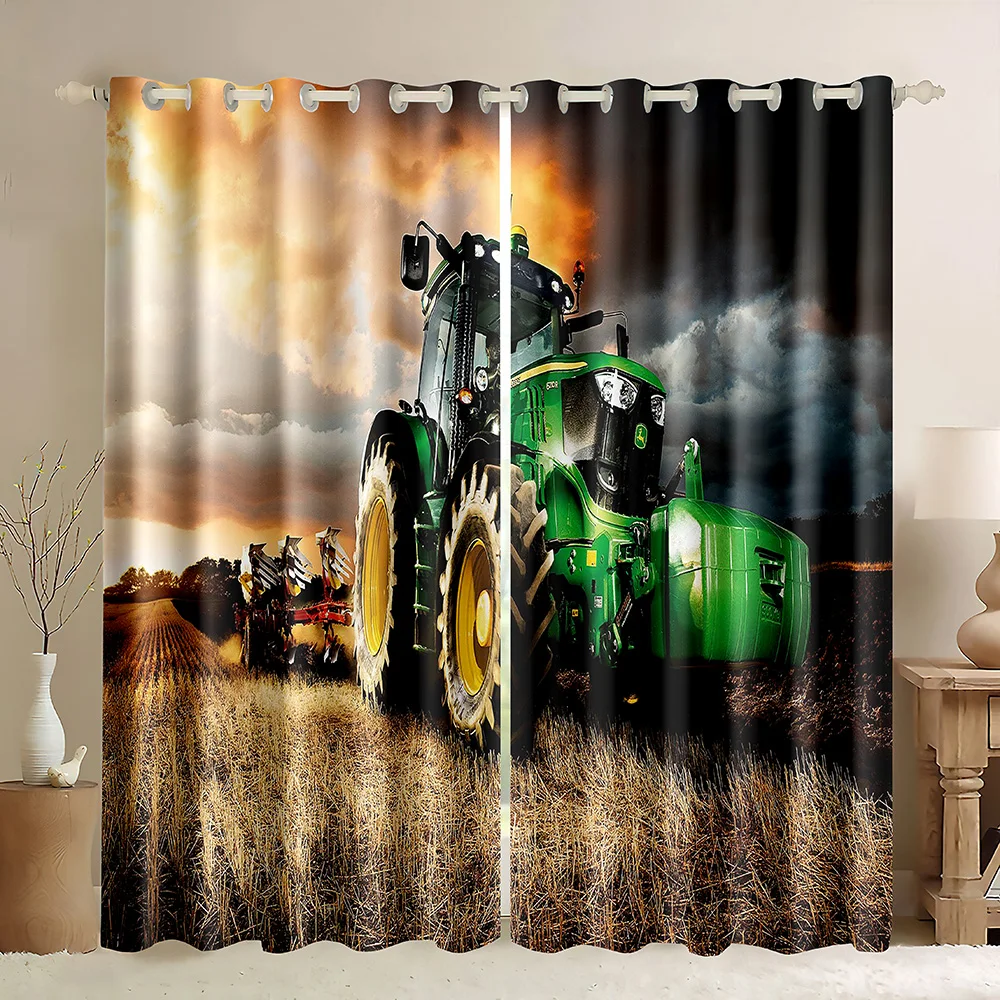 Tractor Window Curtain,Retro Cabin Rustic Vintage Tractor Farmhouse,Rural Tractor Tire Engine Farm Equipment Blackout Curtains