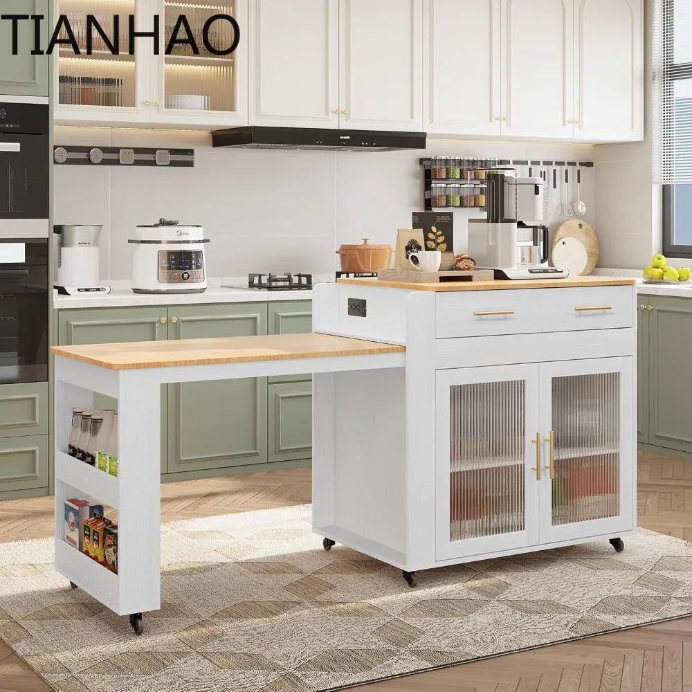 Kitchen Island with Extendable Dining Table, Marble Grain Top Kitchen Island with Power Outlet, Rolling Kitchen Island Cart