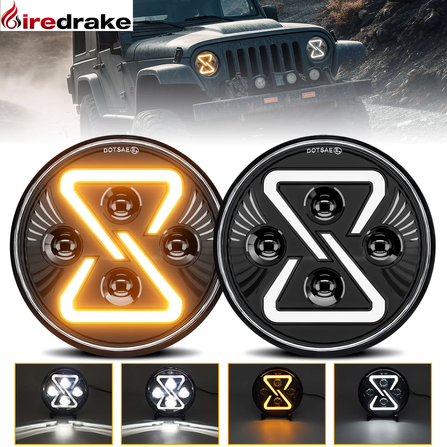 7 Inch LED Headlight Round Wrangler Headlight 200W 30000LM Yellow Gradient Angel Eyes H4 Headlamp for Jeep Halley 6000K/3500K