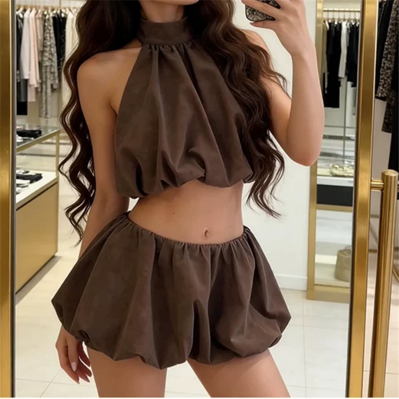 Korean Chic Summer Small Girl Holiday 2 Pieces Suits Black Brown Short Tank Vest Top&mini Bud Shorts Chic Casual 2pc Pants Sets