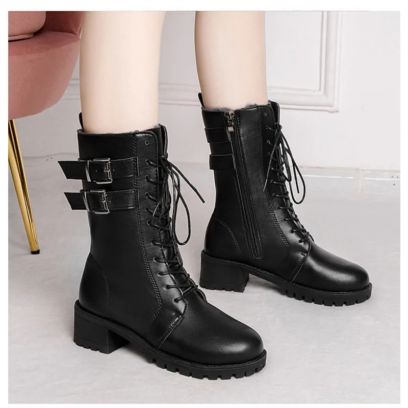 

2024 Winter Leather Women Winter Boots Thick Wool Warm Women High-heeled Genuine Boot High-quality Female Snow Boots Women Shoes