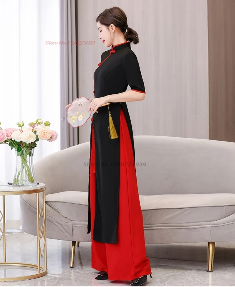 2024 traditional vietnam aodai dress+pants set national flower embroidery ao dai improved qipao dress banquet party dance dress