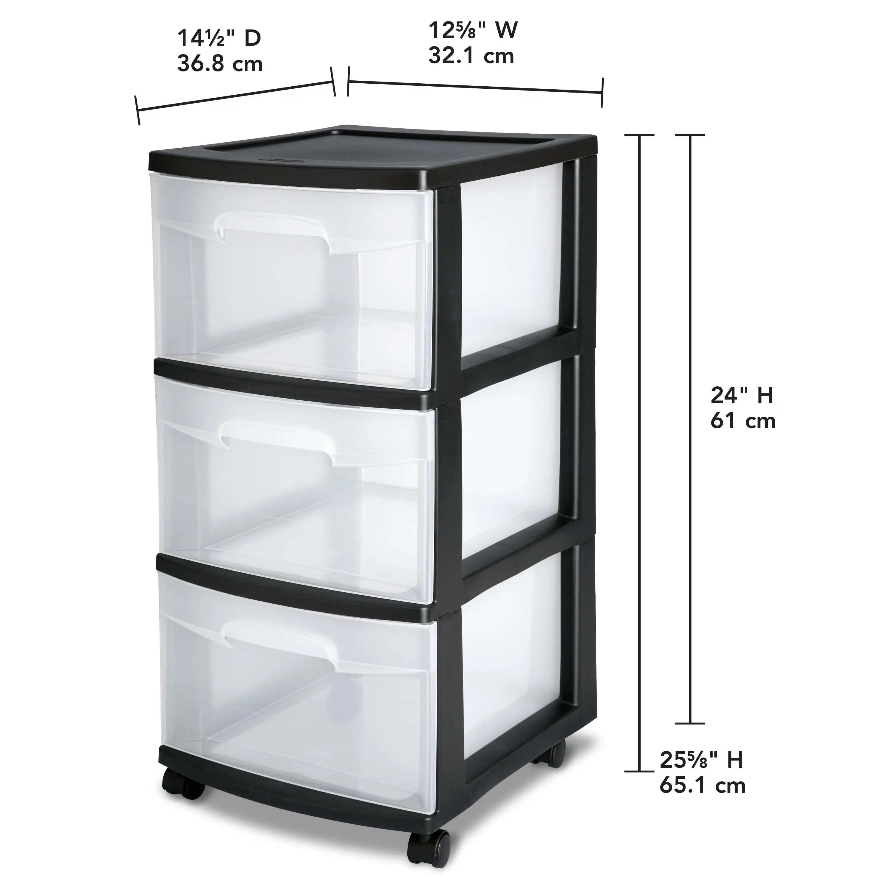 (2 pack) 3 Drawer Plastic Cart, Black with Clear Drawers, Adult