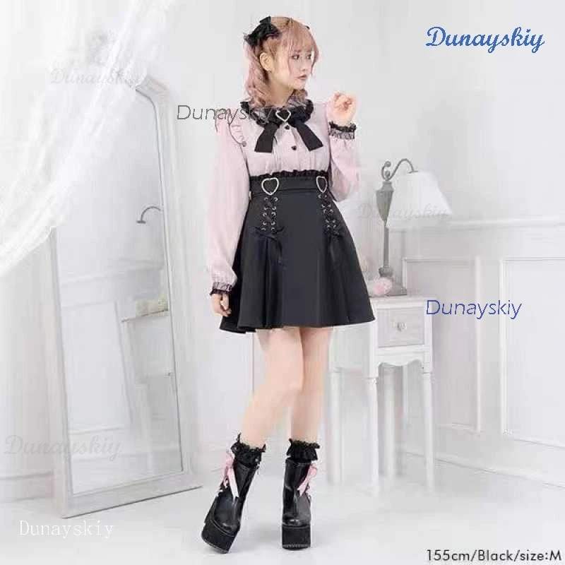 Jirai kei Lolita Girls Top Women Kawii Bow Blouse Pink Black White Blouse Long Sleeve Shirt Y2K Cute Japanese Students Suit