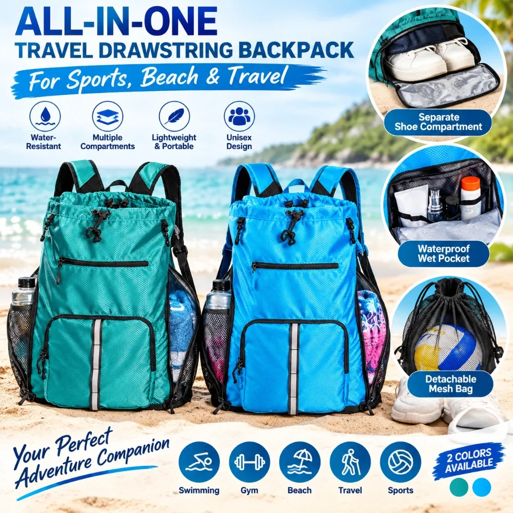 Water Resistant Beach Backpack Shoe Compartment Detachable Mesh Bag Drawstring Sports Pack Wet-Proof Pockets Adjustable Straps