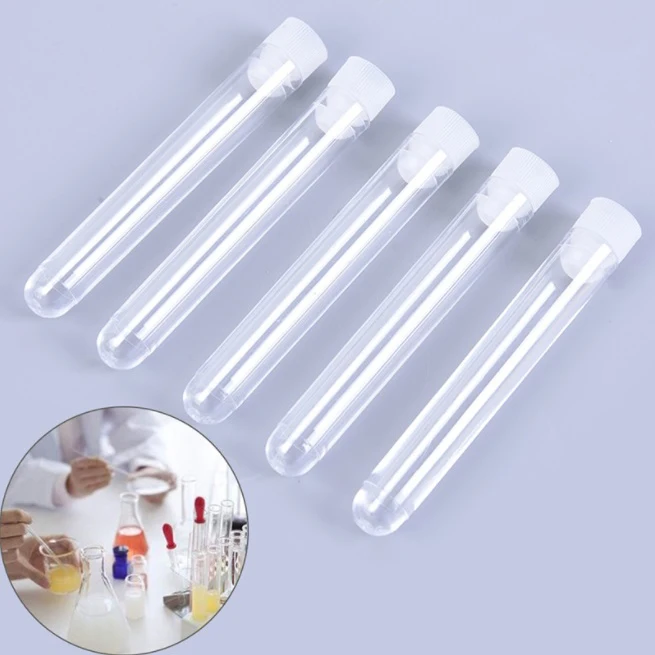 10 Pcs 12x100mm Clear Plastic Test Tubes With White Caps Stoppers Test Tubes