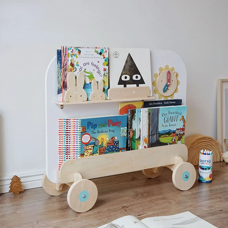 

Colored Wooden Used Bookshelf with Wheels, with Storage Box Hanger for Kids Reading Toy House Bookshelf 1 Bedroom Set