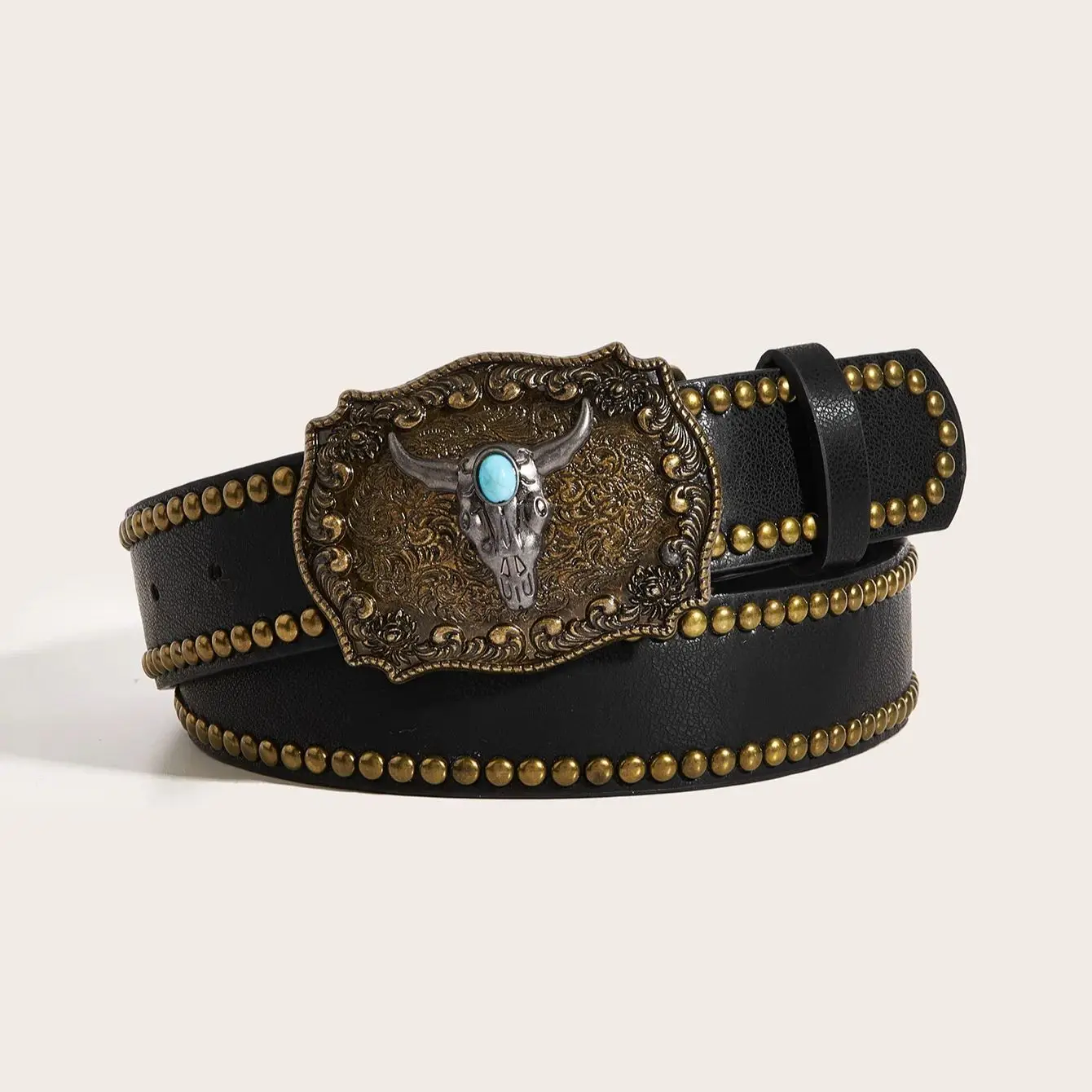 1 piece of western style cow head buckle PU belt for men and women