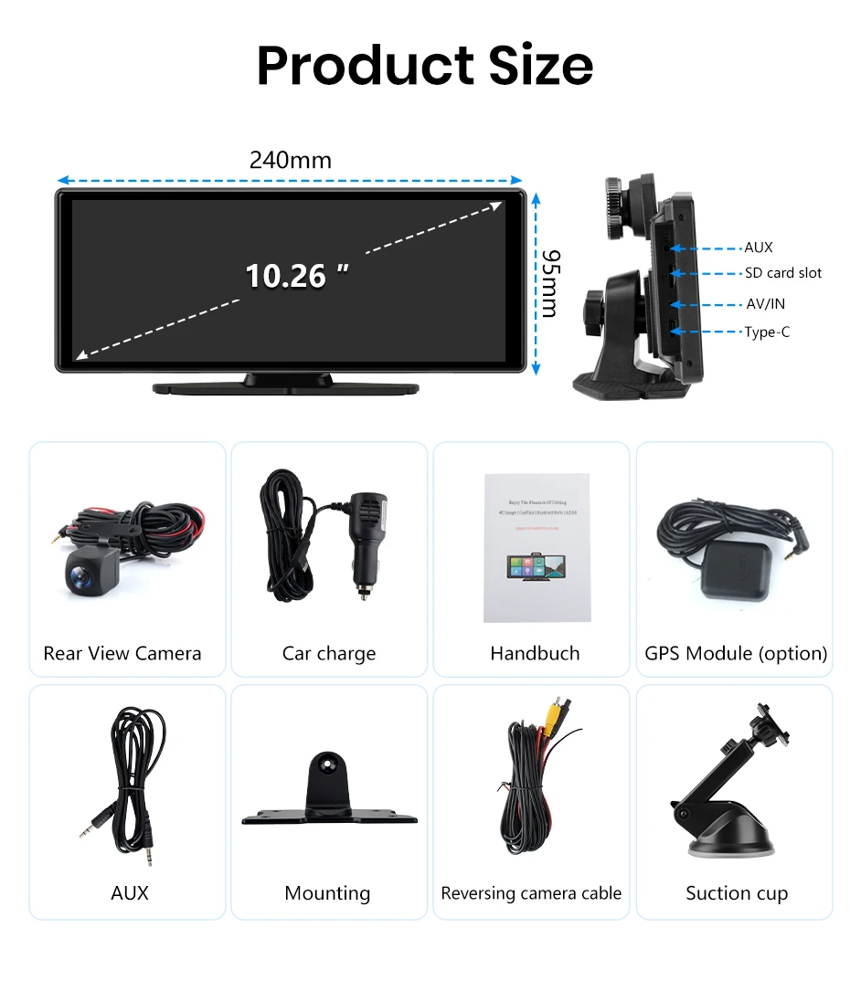 Junsun 10,26 Zoll Dashcam 4K Auto-DVR, kabelloses Carplay für Apple Android Auto, GPS-Navigation, Dashboard-Videorecorder, IPS-Touchscreen, Dual-Objektiv-Rückfahrkamera, BT-Audio, AUX, WIFI, FM – Detail 17
