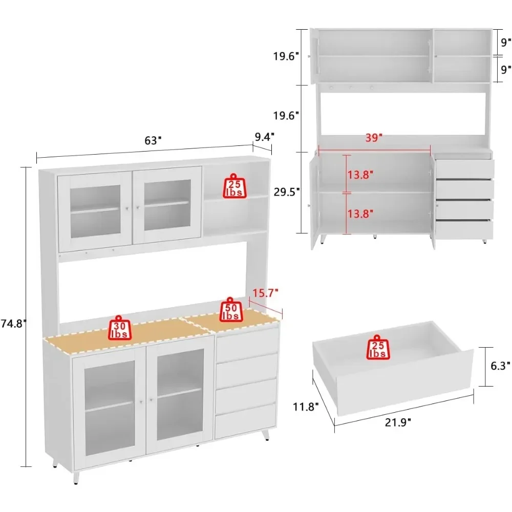 Kitchen Pantry Cabinet with 4 Glass Doors Pantry Furniture 4 Drawers Kitchen Cabinets Microwave Shelf