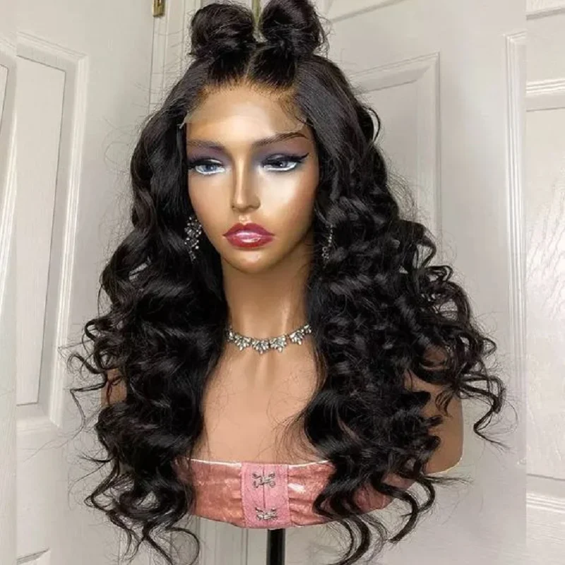 Perruque Lace Front Wig sans colle bouclée noire, 26 pouces, densité 180, cheveux de bébé, longue, Deep Wave, pre-plucked, résistante à la chaleur, pour femmes noires