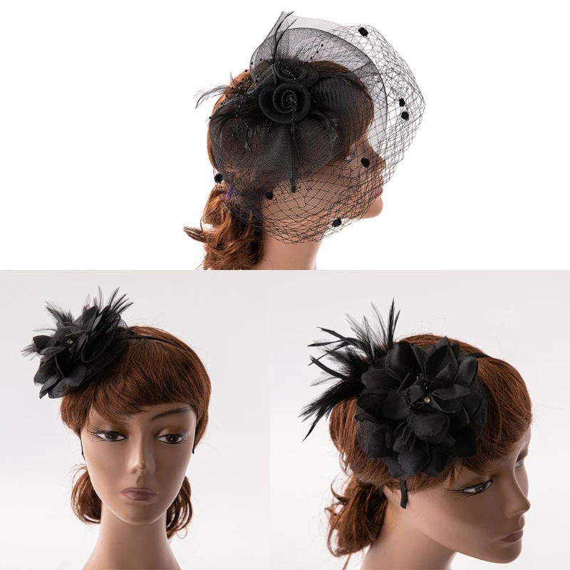 Elegant Wedding Fascinators Hat with Flower Feather Pillbox Hat for Makeup Party for Wedding Party / Funeral