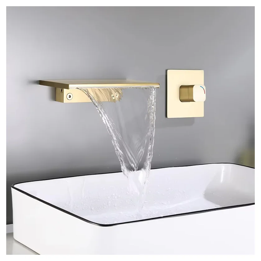 

Brushed gold Bathroom wall installation brass waterfall water tap Single Handle faucet widespread basin faucet