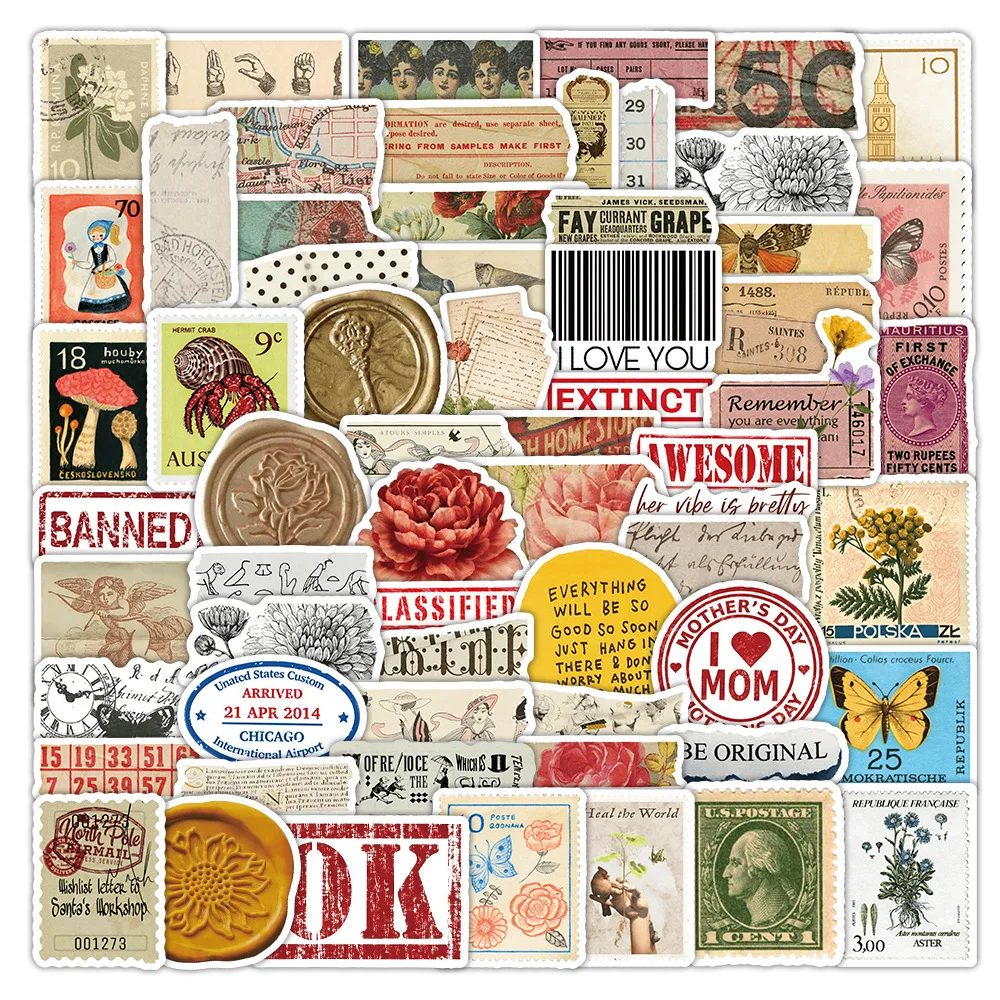 

62PCS Retro American Stamp Stickers Aesthetic Style Graffiti Mobile Phone Case Notebook Water Cup Skateboard Waterproof Toy Gift