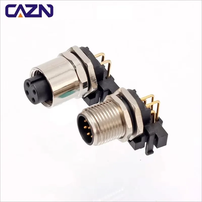 90 Degree Pcb M12 Male Female Curved Needle Socket 4 8 12 Pin A Coding Metal Right Angled Receptacle Screw M12 Connector