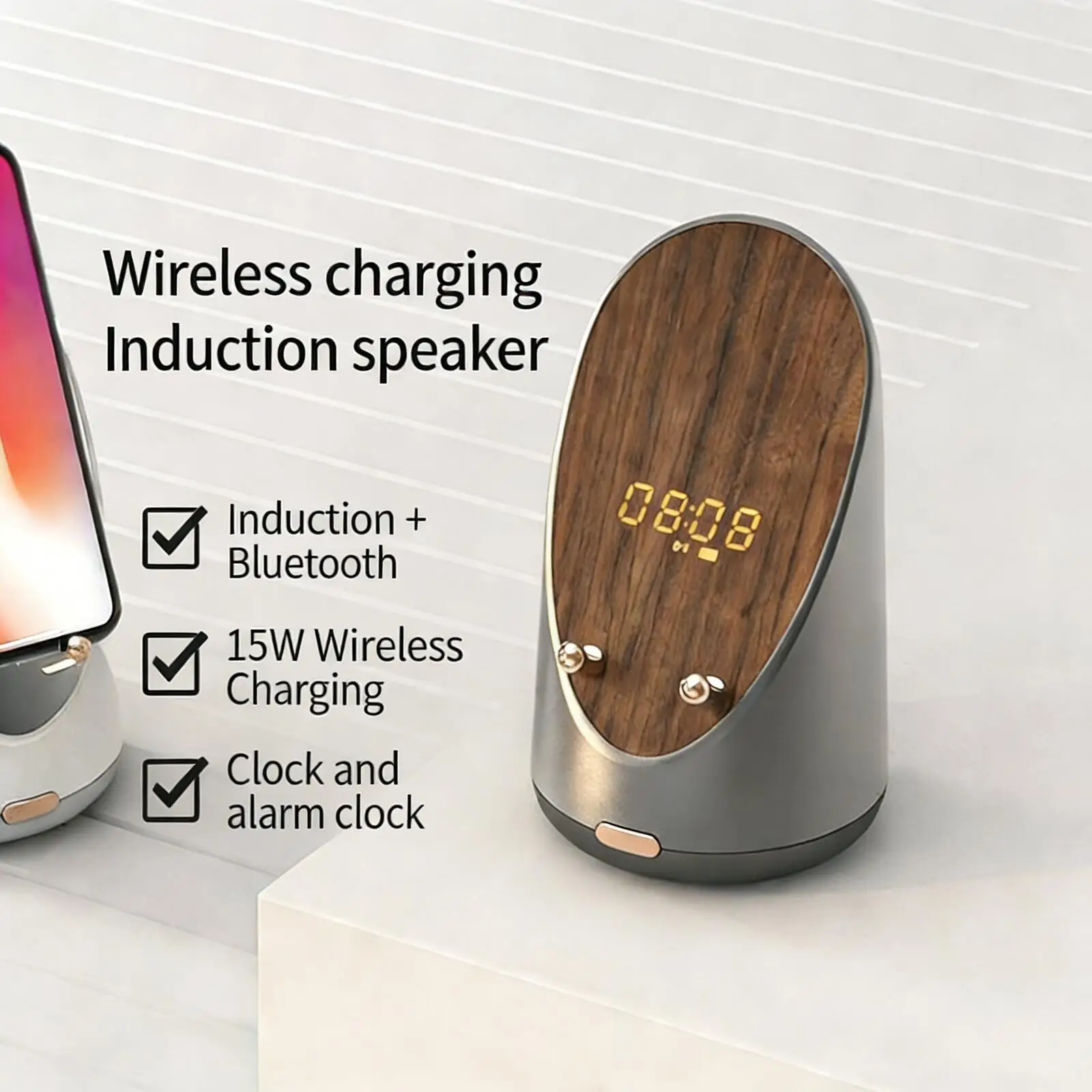 

4-in-1 Induction Bluetooth Speaker 15W Wireless Charging Phone Stand Alarm Clock Creative Display Long Battery Life Relax Gift