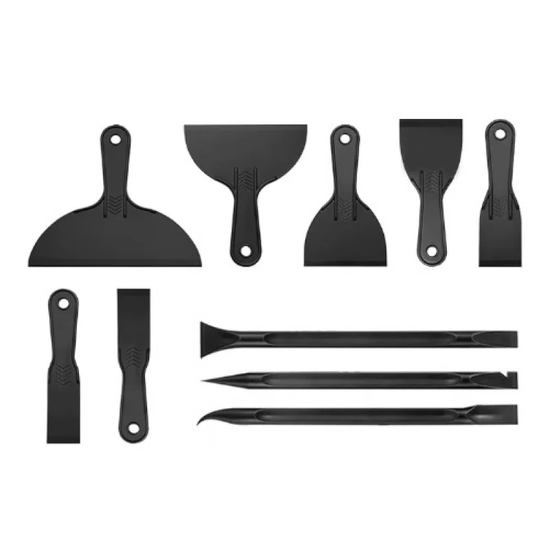 

10 piece set of putty knives, plastic scrapers, wallpaper scrapers, plastic paint scrapers, repair and fill walls