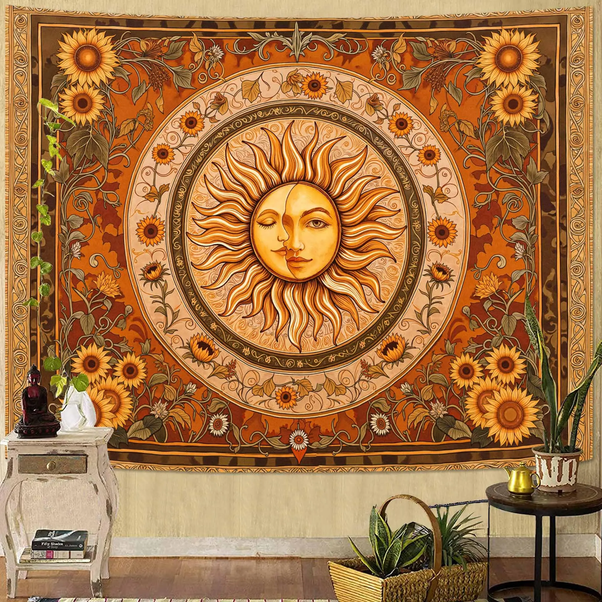 1PC Boho Sun Moon Floral Golden Brown Print Tapestry, Boho Style, Bedroom Living Room Kitchen Wall Hanging, Polyester, Wall Art
