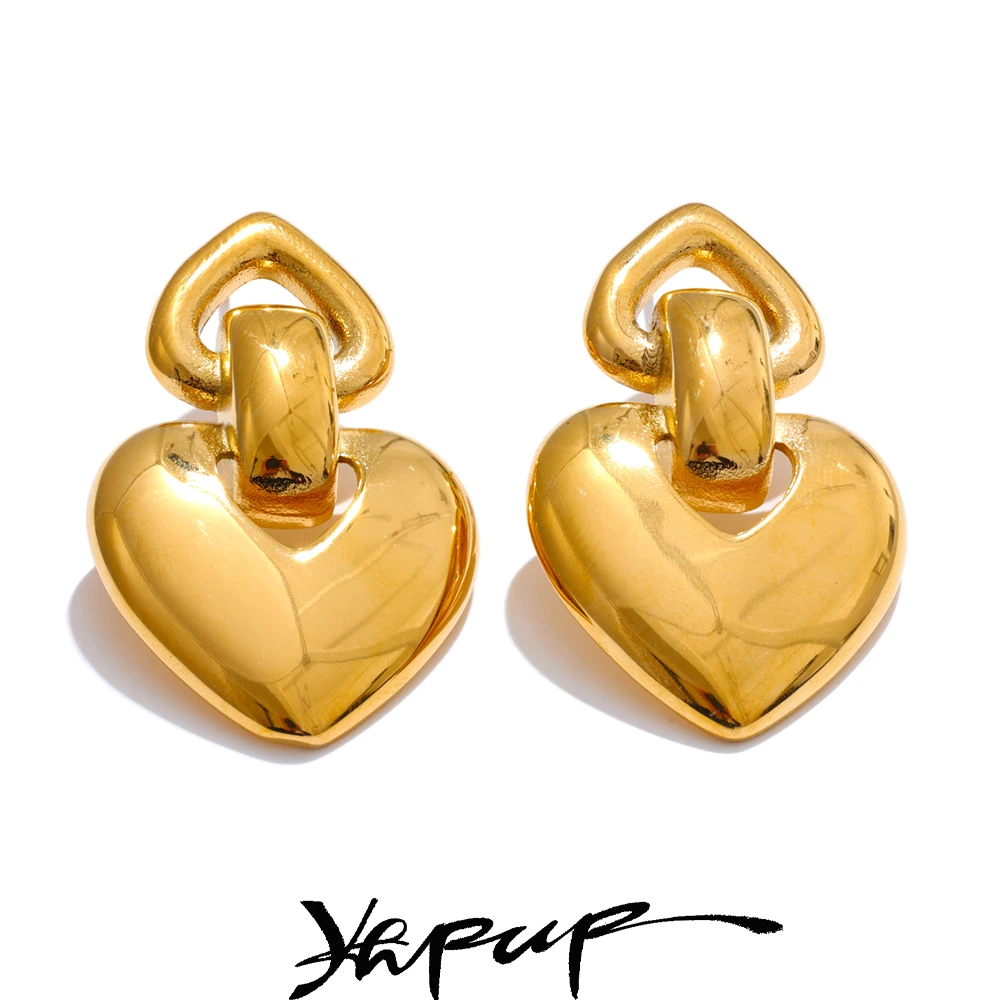 Yhpup Sleek Stainless Steel Heart Stud Earrings High Quality Rust Resistant 18K Golden PVD Plated Polished Attractive Jewelry