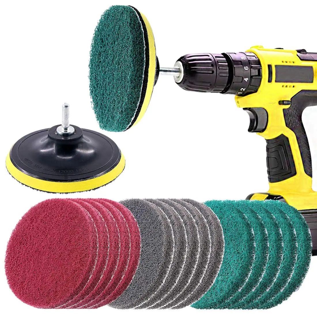 16Pcs 5Inch 3 Different Color Scrubbing Pads Drill Powered Brush Tile Scrubber Scouring Pads Cleaning Kit,Abrasive Buffing Pads