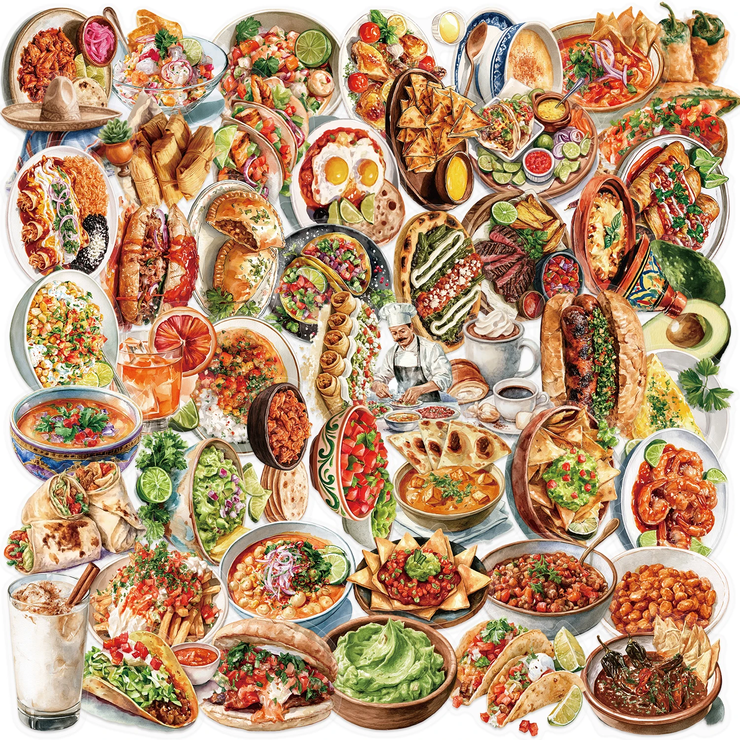 50pcs Mexican Cuisine Graffiti PET Stickers Decorative Phone Case, Cup, Guitars, Creative Waterproof Festival Gift Decal