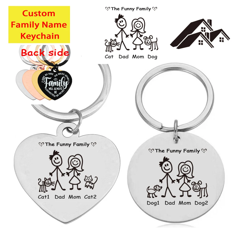 

Custom Family Name Keychain Engraving Personalized Dad Mom Cat Dog Pets Families Member Keyring Key Chain Ring Holder Gifts Man