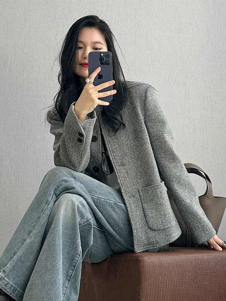 Autumn Winter New Women's Coat Tweed Top Vintage Round Neck Elegant Stylish Coat