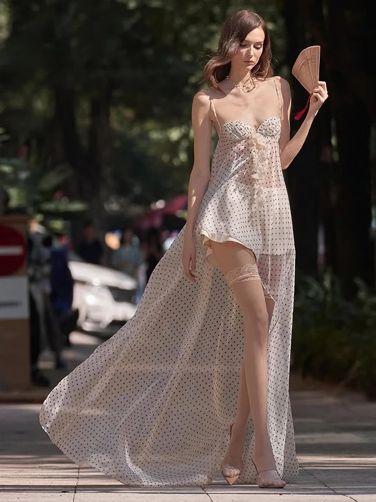Kliou Sexy See Through Sling Dress Woman Summer Trend Polka Dot Print Low-Neck Ruffles Edeg Backless Elegant Style Long Bodycon