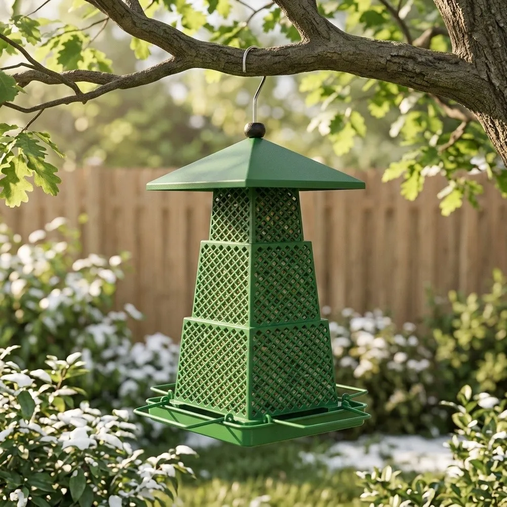 Collapsible Green Bird Feeder Squirrel for Small Birds Easy to Hang and for Clean Weather Resistant 6.1L x 5.39W x 5.39H