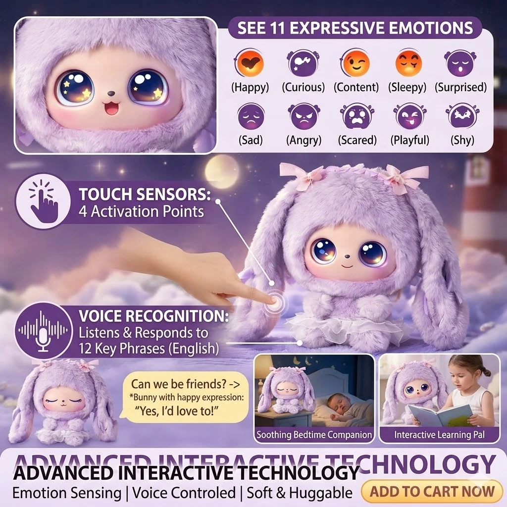 AI Plush Bunny Toy with Emotional Eyes,Voice Touch Control Smart Robot Rabbit,Talking Stuffed Animal Birthday Gift for Kids