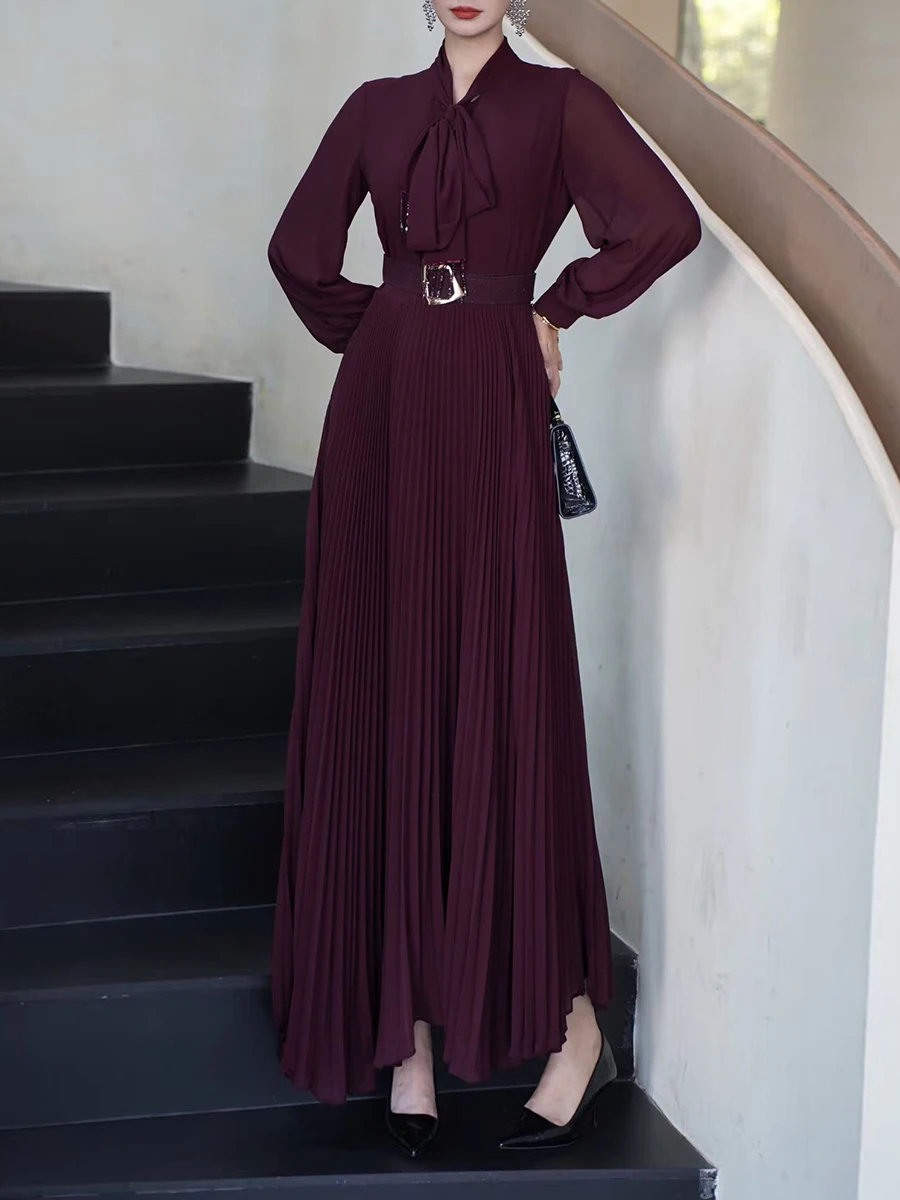 Robe longue plissée transparente VGH Purplered pour invitées de mariage, avec nœuds décoratifs au col, effet amincissant, idéale pour dîners de luxe