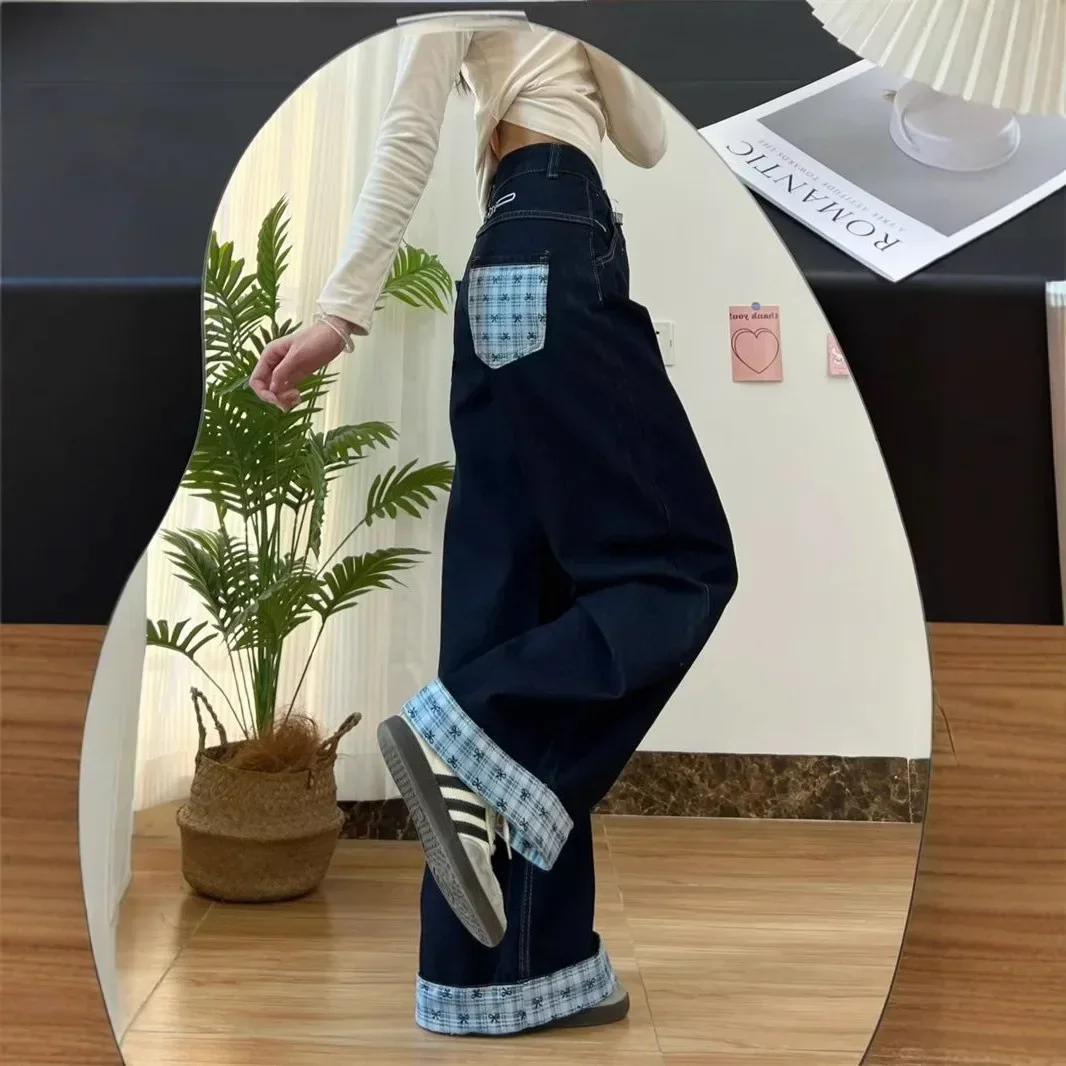 NICE Retro American Design Checkered Plaid Wide Leg High Street Jeans Women's Loose Fitting Floor-Length Slimming Trousers