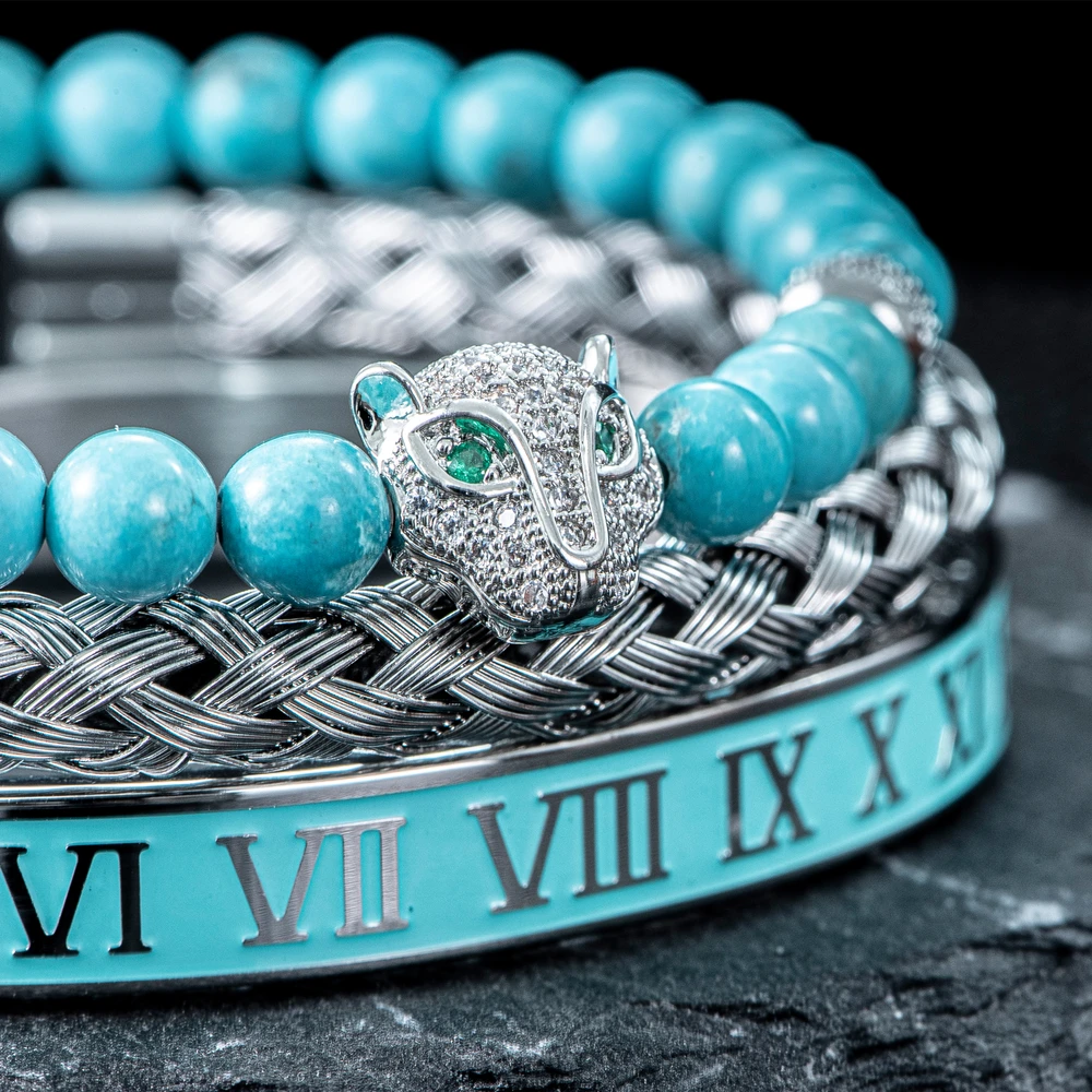 3pcs/set Luxury Bracelets Men&Women CZ Leopard head Handmade Enamel Roman Numeral Bangles Turquoise Stone Beads Jewelry Pulseras