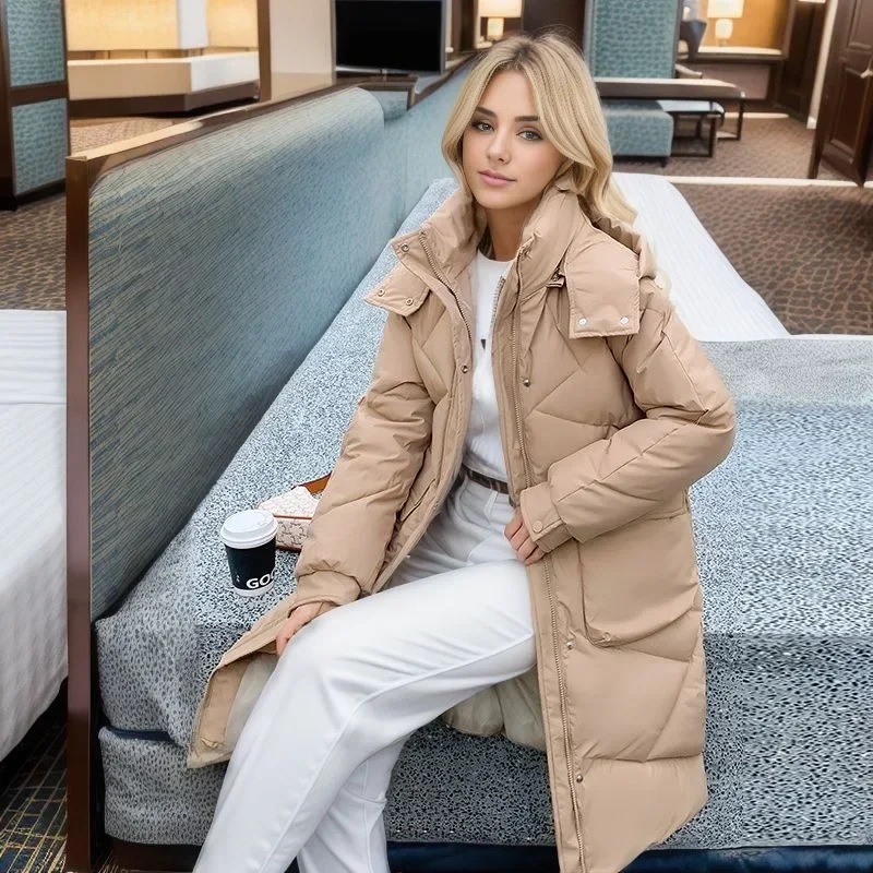 Dames winterjas vrouwelijk pure kleur capuchon lange parka's jassen tops dames 2-pocket dikker warme katoenen jas voor dames 2025