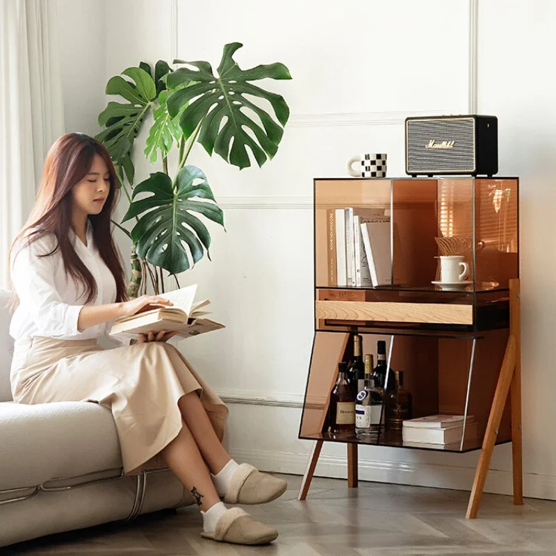 

Gray Square Bookshelf and Storage Shelf Floor Living Room Acrylic Small Side Cabinet Household Bookcase Simple Magazine Cabinet