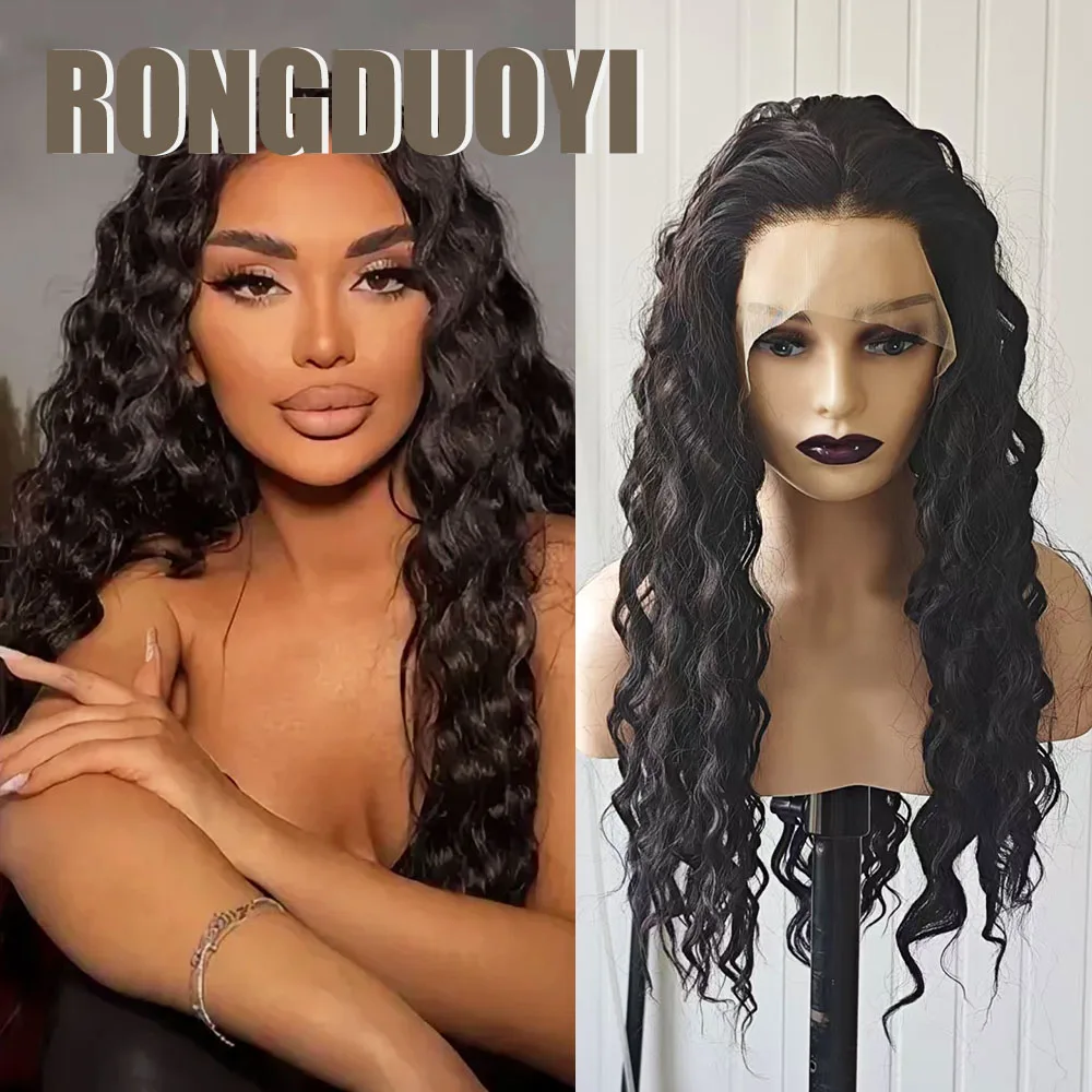 RONGDUOYI Dark Brown Deep Wave Synthetic Hair Lace Front Wig Loose Wave Brown Hair Heat Fiber Women Daily Use Makeup Brown Wigs