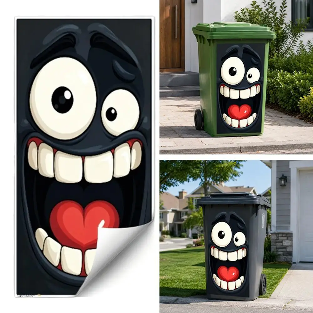 Funny 2D Big Mouth Trash Can Sticker Waterproof Outdoor Wall Decal Cartoon Removable Self-Adhesive Face Peel Stick Garbage Decor