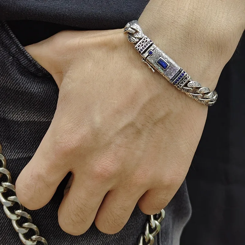 Retro Lines Flower Chain Bracelet Men Jewelry Personality Crystal Stones Bracelet Male Hand Accessories 22 20 18cm