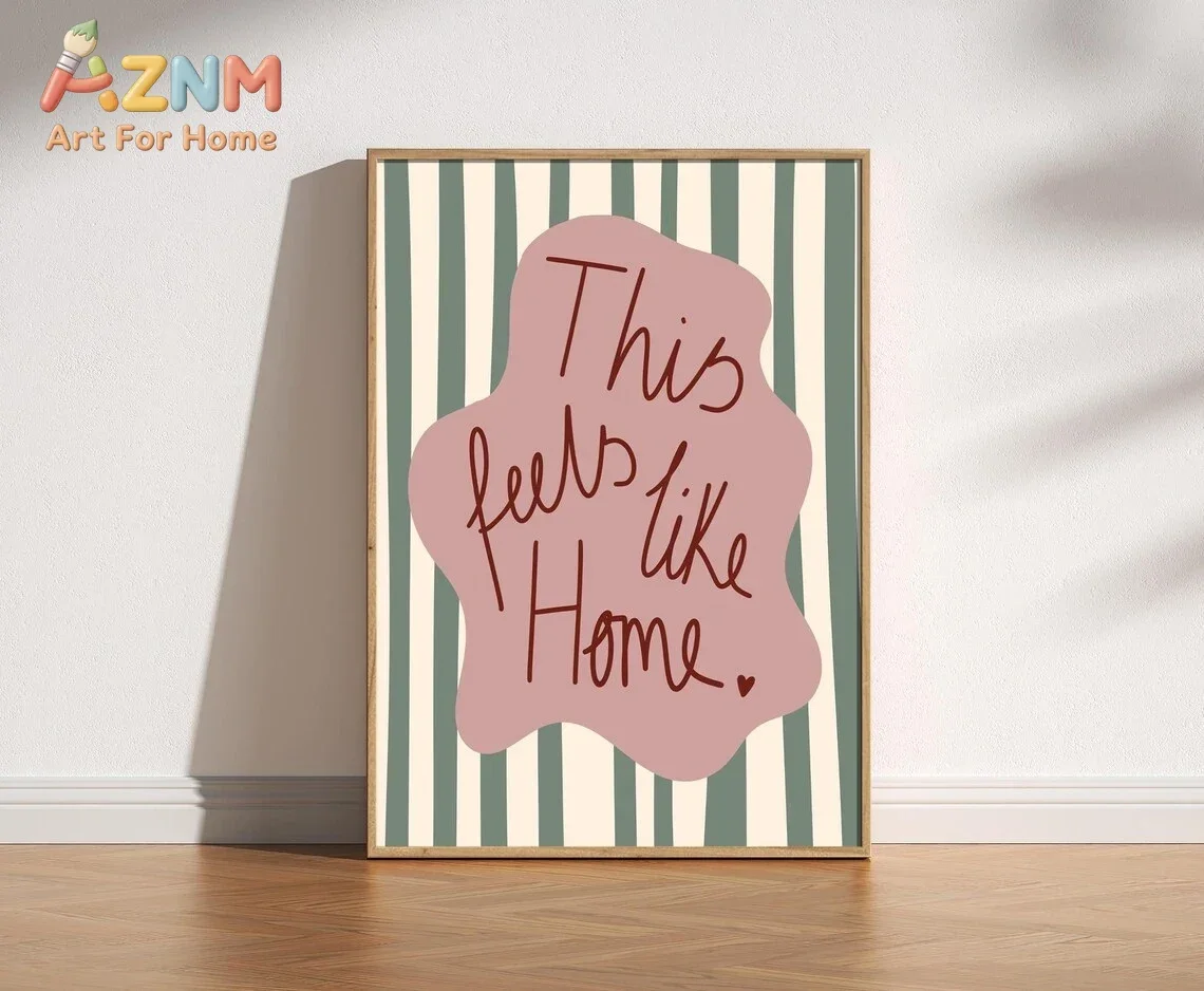 AZNM This Feels Like Home Quote Canvas Print Unframed Green Striped Pink Wavy Shape Poster Boho Living Room Entryway Wall Decor