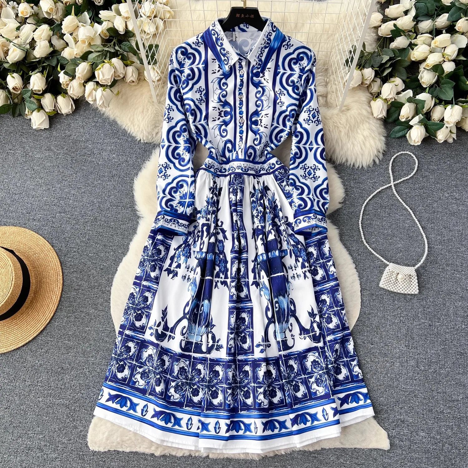 Runway Fashion Autumn Red Flower Blue And White Porcelain Shirt Dress Vintage Women Pink Lapel Long Sleeve Holiday Midi Vestidos