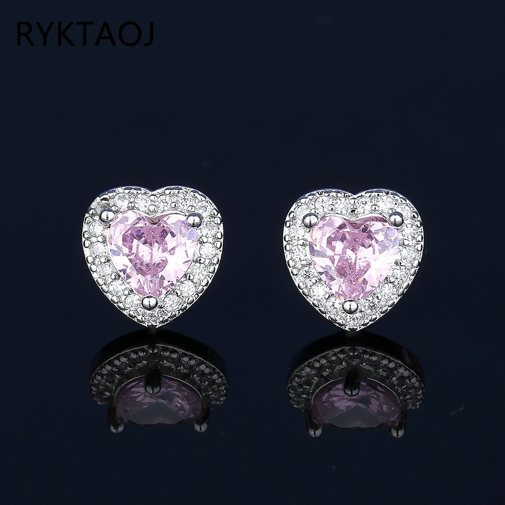 925 Sterling Silver Pink Heart CZ Jewelry Set for Women, Halo Cubic Zirconia Necklace Ring Stud Earring Set, Fine Jewelry Gift