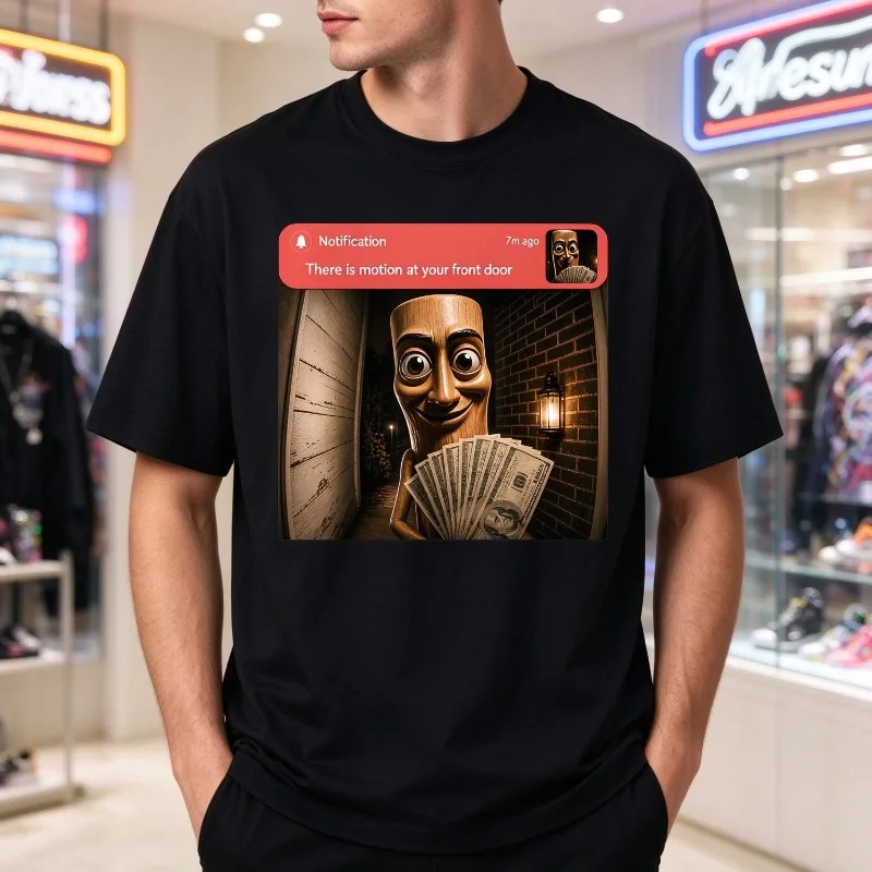 There Is Motion At Your Front Door T-Shirt Men Modal Short Sleeve Funny Notification Cartoon Graphic Casual Street Tee
