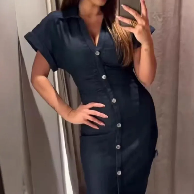 

2025 Summer Button Dress New Denim Midi Elegant and Fashionable Robe Pleated Waist V-neck Short-sleeved Temperament Dress Платье