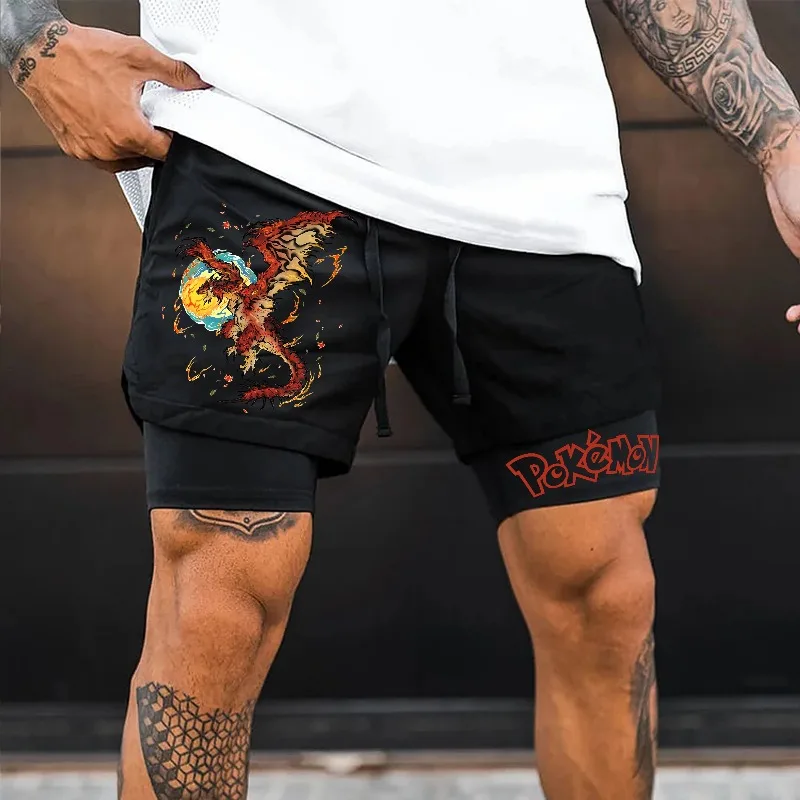 Japanische Anime Pokémon Herren Sommer 2-in-1-Shorts Charizard Graphic Trunks Man Gym Double Deck Shorts Basketball Athletic Shorts