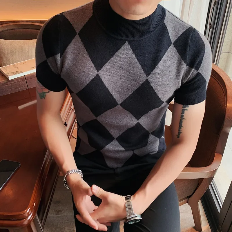 

Knitwear Sweater Turtleneck Korean Luxury Clothing Short Sleeve Sweaters For Men Winter Slim Fit Diamond Lattice Pull Homme Z391