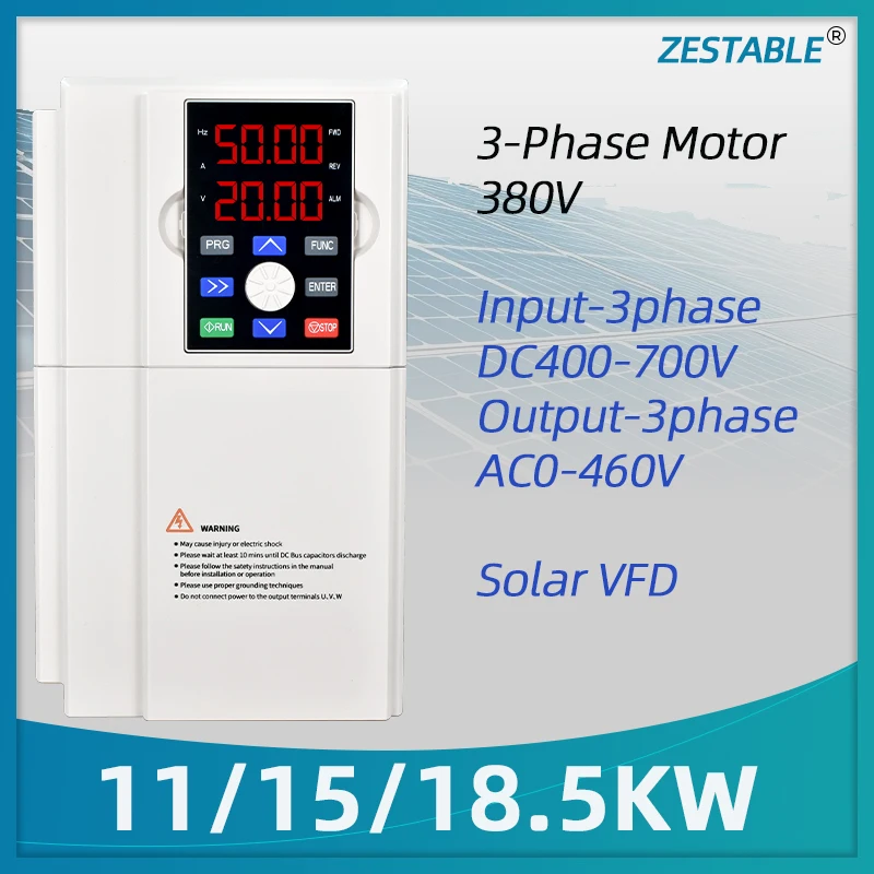 Solar VFD DC400-700V to 3PH 380V 11/15/18.5KW Variable Frequency Drive Converter for Motor Speed Control Inverter